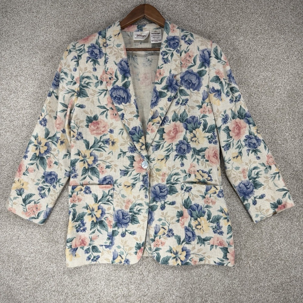 VTG Worthington Floral Blazer 10P Cottagecore Granny Boho Woven Linen Blend 90s